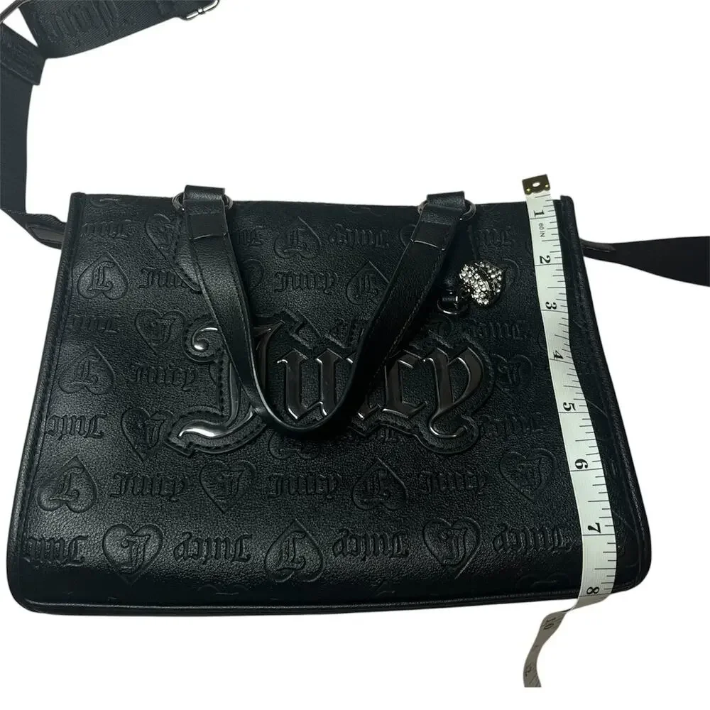 Juicy Couture Black Embossed Logo Satchel Crossbody Bag Heart Charm Purse